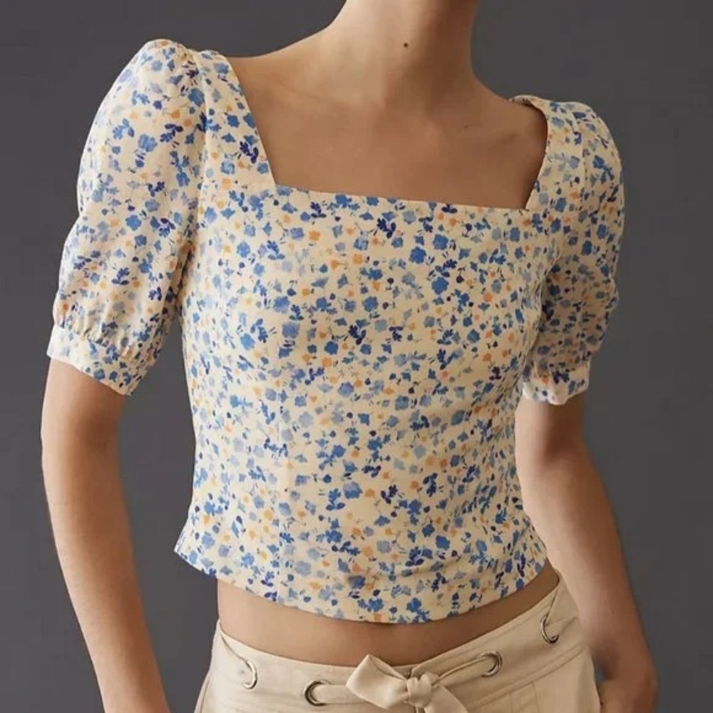 Favorite Daughter Square Neck Floral Cropped Short Sleeve Top Size Xlarge